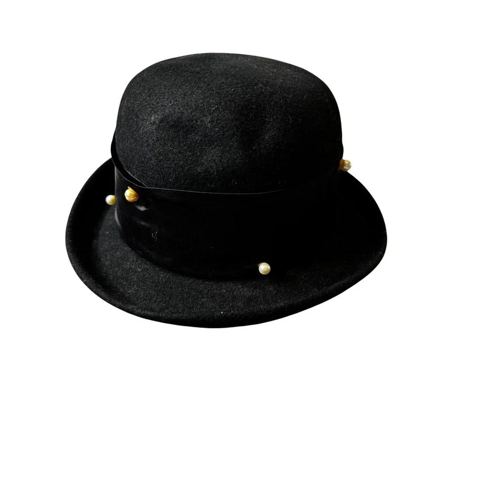 Lancaster Black 100% Wool Bowler Hat Satin Rose Faux Pearl Accents Made in USA